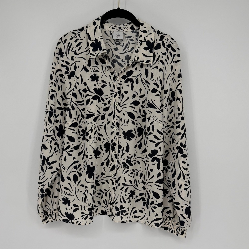 Cabi 1204 Black Ivory Floral Leaf Print Button Down Blouse Top Womens Medium